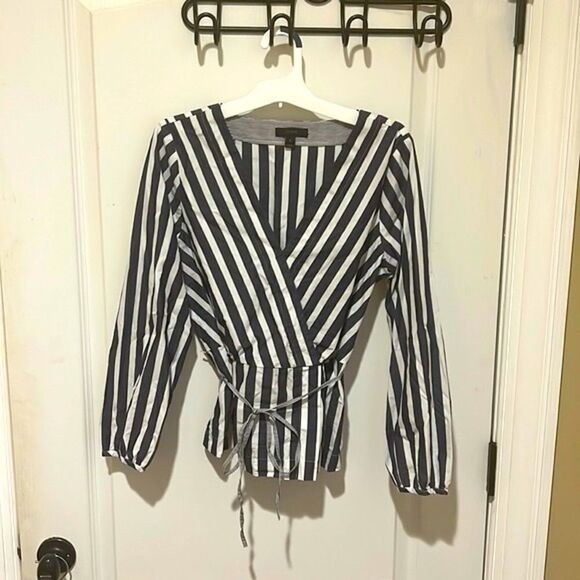 J Crew Blue and White Striped Peplum Tie Waist Blouse - Picture 1 of 7
